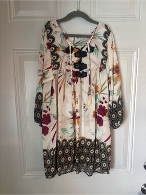 Hayden Cream Floral Long Sleeve Tunic Dress with Black Lace Accents